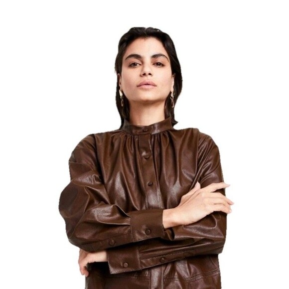 Rachel Comey x Target Long Sleeve Faux Leather Button Up Dress Brown Size 1X New - Picture 3 of 13